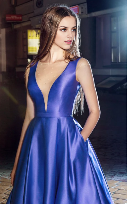Xuewuba Dress A-Line High-Low V-Neck Sleeveless Satin Prom Dress Formal Wear Dresses