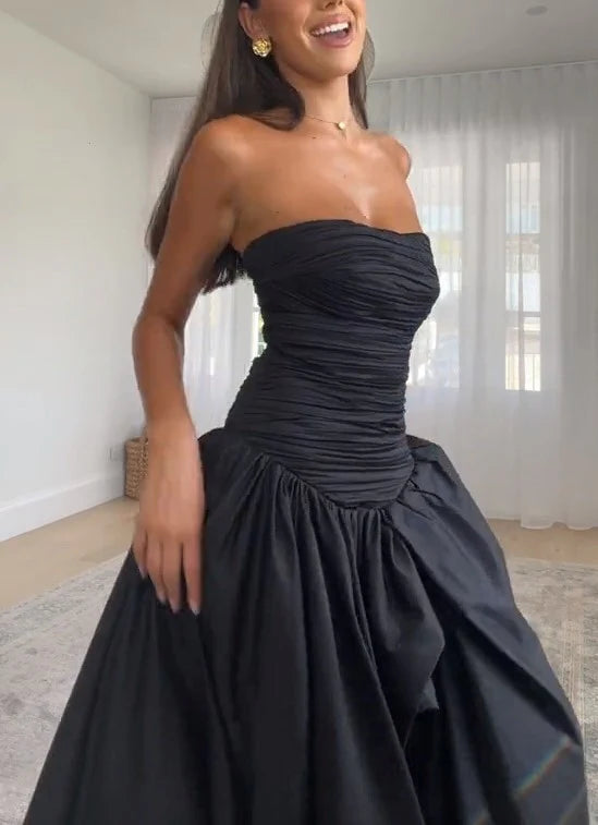 Xuewuba Dress A-line Black Bubble Hem Maxi Dress Strapless Sleeveless Pleated Prom Dress