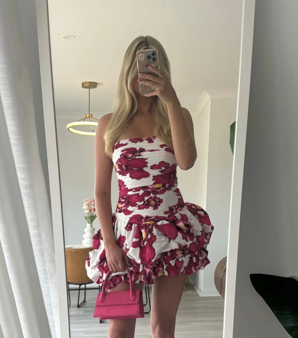 Xuewuba Dress A-line Bubble Hem Mini Dress Strapless Sleeveless Pleated Pink Floral Prom Dress