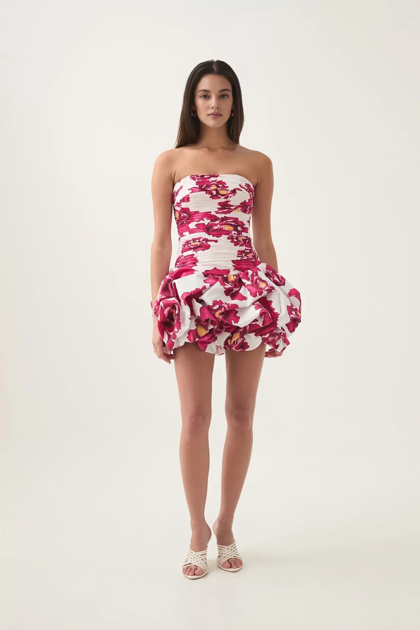 Xuewuba Dress A-line Bubble Hem Mini Dress Strapless Sleeveless Pleated Pink Floral Prom Dress