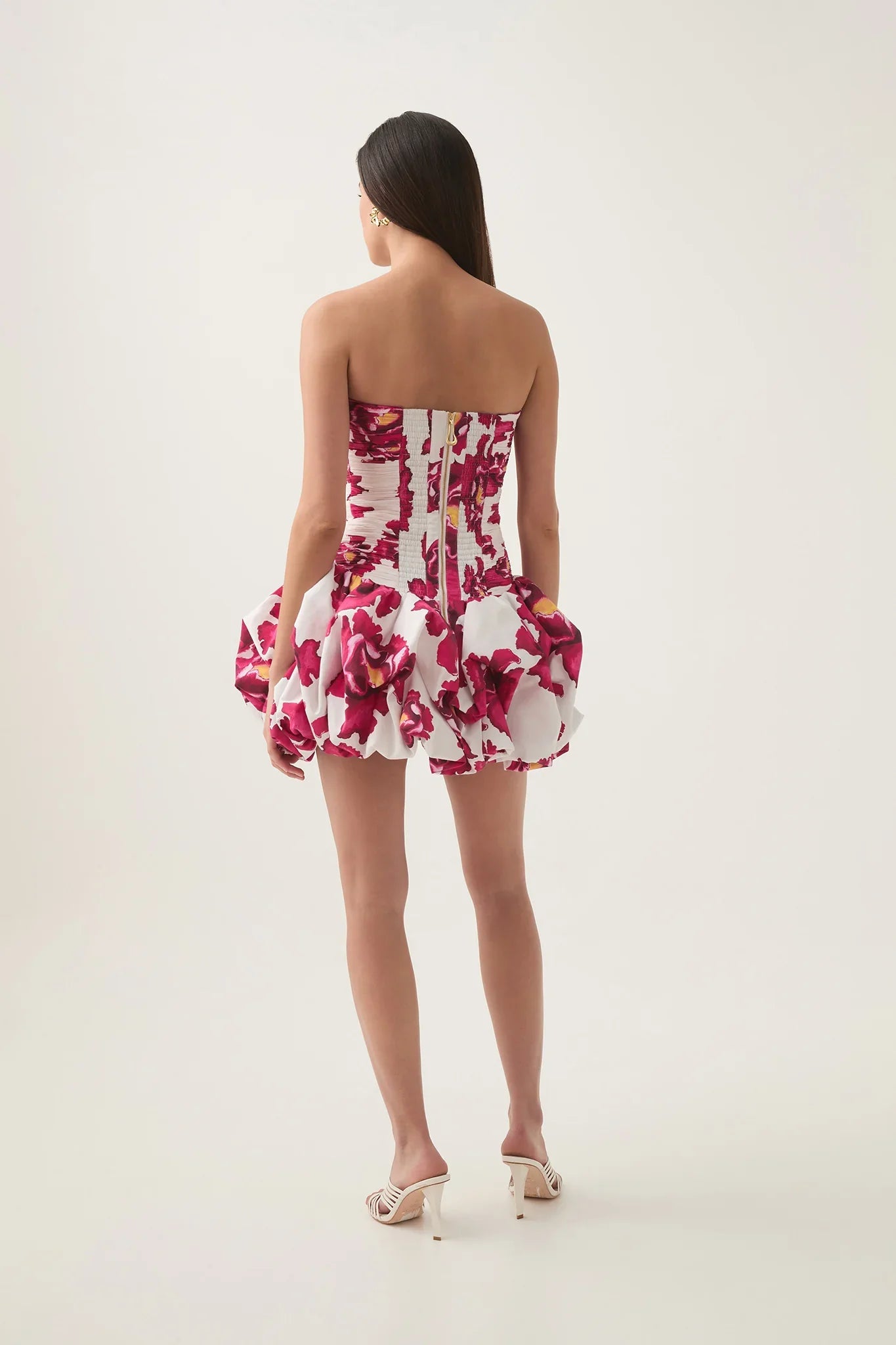 Xuewuba Dress A-line Bubble Hem Mini Dress Strapless Sleeveless Pleated Pink Floral Prom Dress