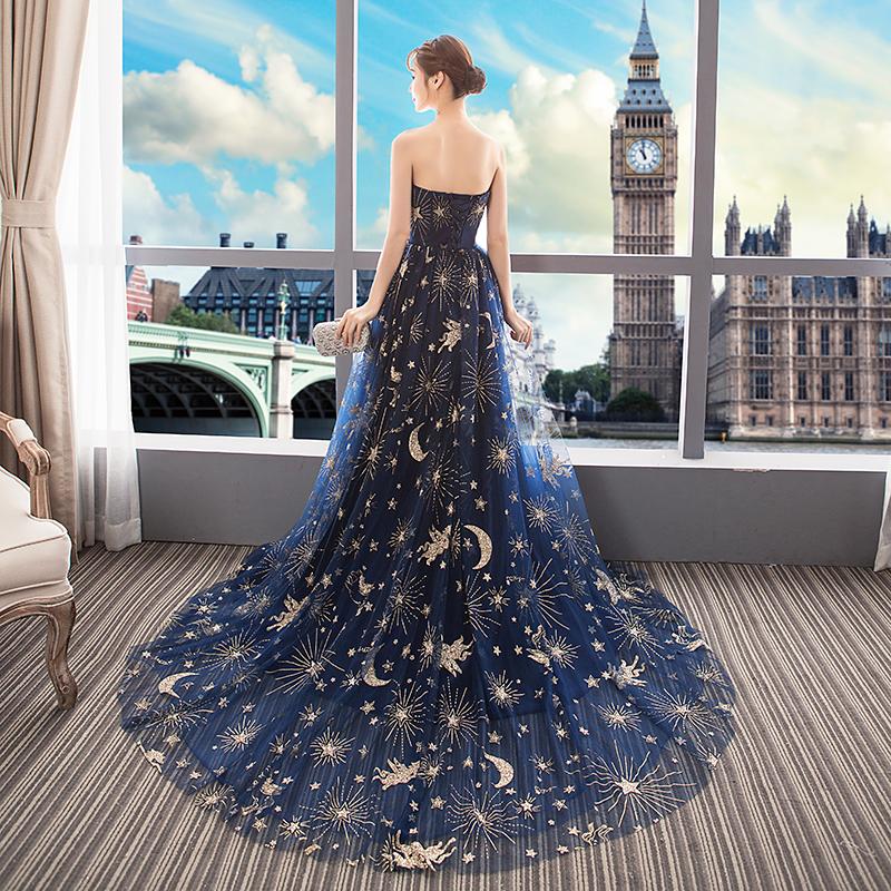 Xuewuba Dress A-line Navy Blue Tulle Mesh Long Off Shoulder Formal Dress New Style Party Dress Prom Dress