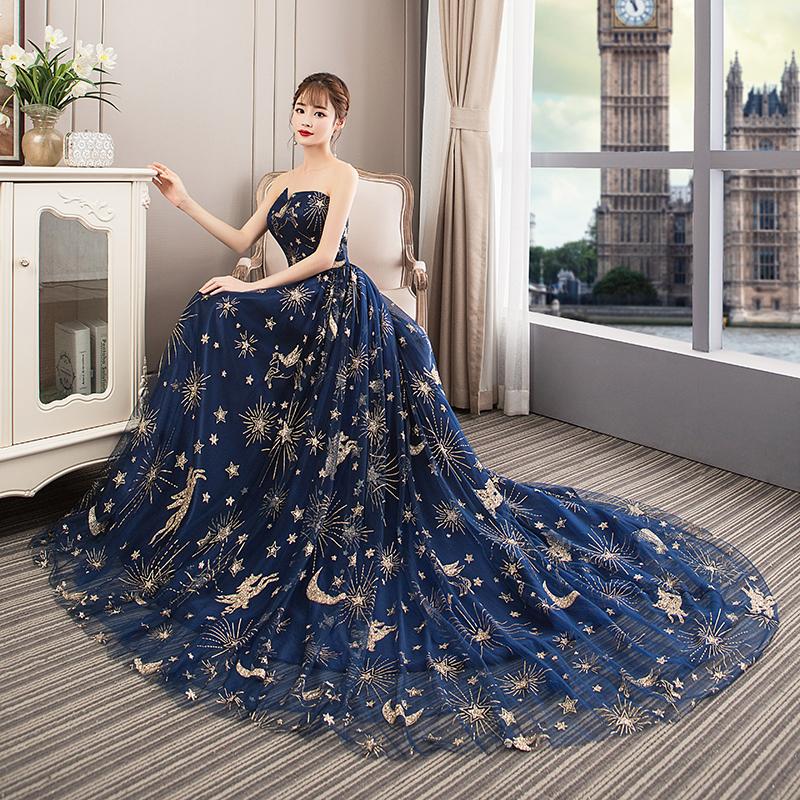 Xuewuba Dress A-line Navy Blue Tulle Mesh Long Off Shoulder Formal Dress New Style Party Dress Prom Dress