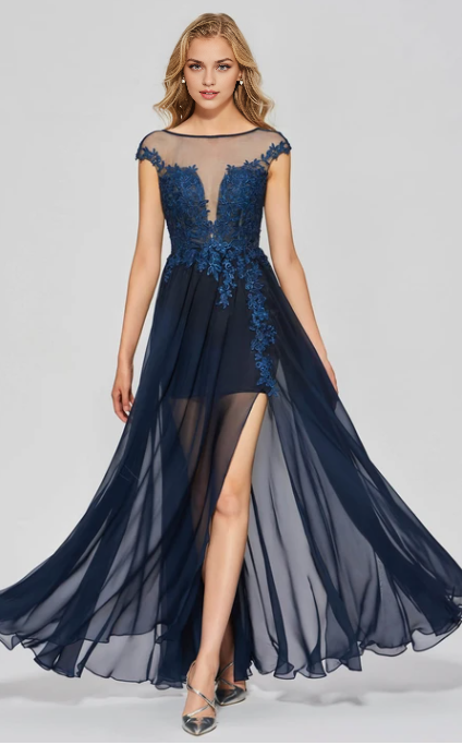 Xuewuba Dress A-line Sexy Split Front Bateau Chiffon Gown With Lace Appliques Deep V-back Prom Dress Formal Wear Dresses