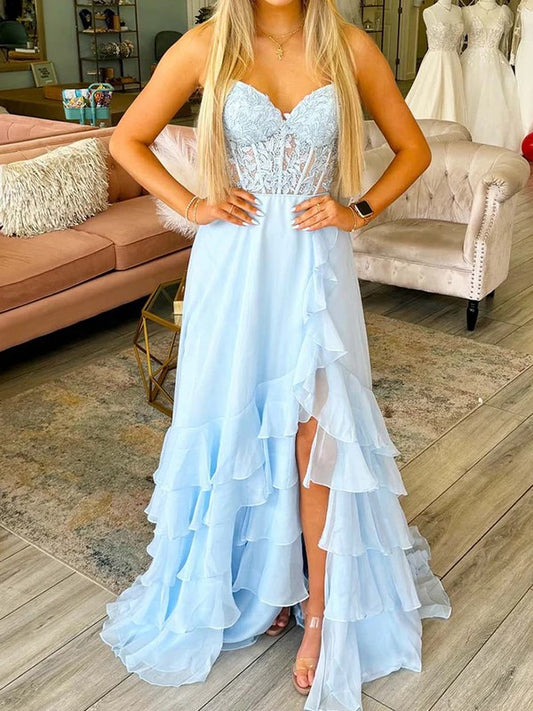 Xuewuba Dress A-line Sweetheart Appliques Lace Sweep Train Chiffon Ruffles Dress Prom Dress