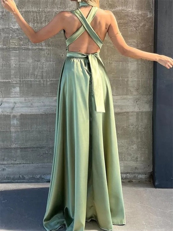 Xuewuba Dress A-line V-neck Ruffles Floor-Length Satin Backless Maxi Dress Prom Dress