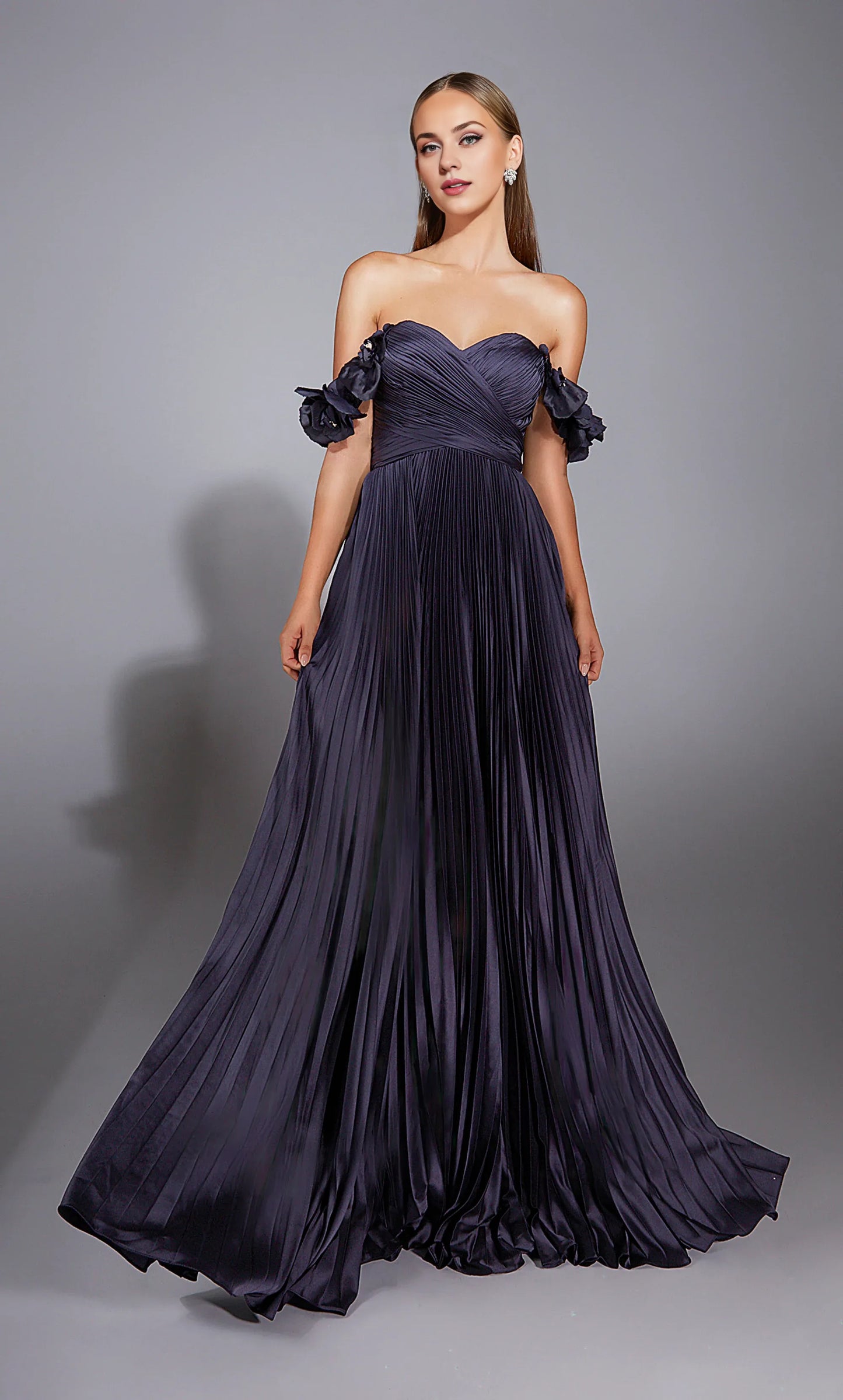 Xuewuba Dress Beautiful Long Off The Shoulder Draped A Line Closed Back Pleated 3d Flower Prom Dress Formal Wear Dresses
