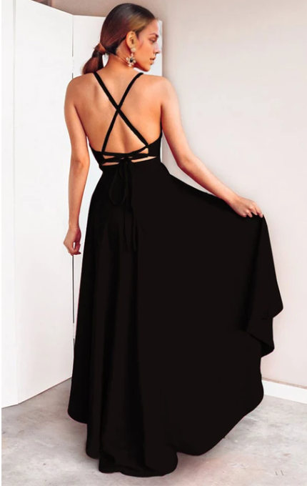 Xuewuba Dress Black High-Low Sexy A Line Plunging Neck Evening Dress Prom Dress Formal Wear Dresses