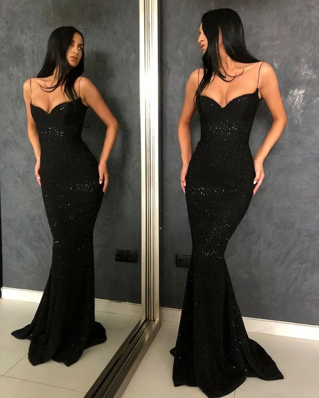 Xuewuba Dress Black Sheath Open Back Spaghetti Straps Sequins Prom Dresses