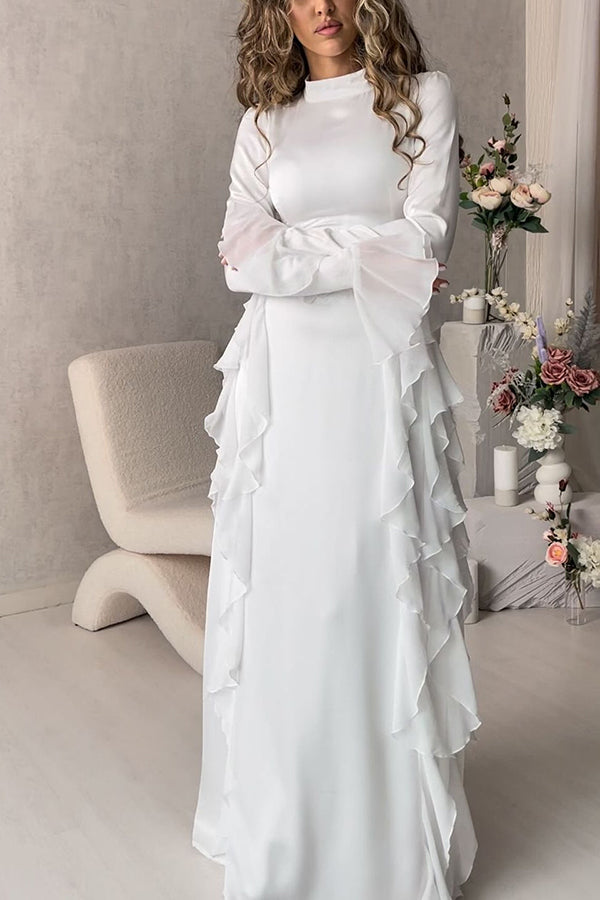 Xuewuba Dress Black Solid Color High Neck Long Sleeve Elegant Ruffles Floor Length Prom Dress