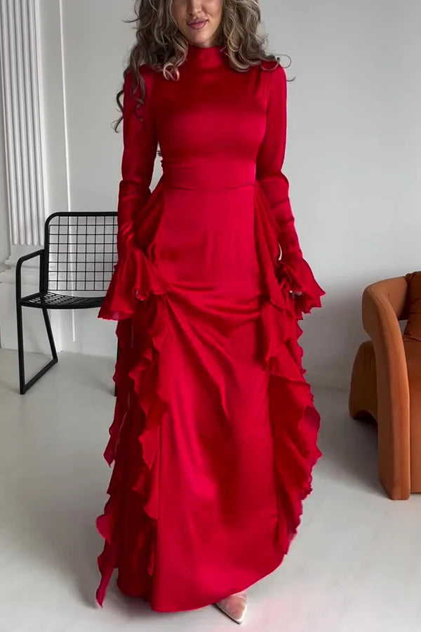 Xuewuba Dress Black Solid Color High Neck Long Sleeve Elegant Ruffles Floor Length Prom Dress