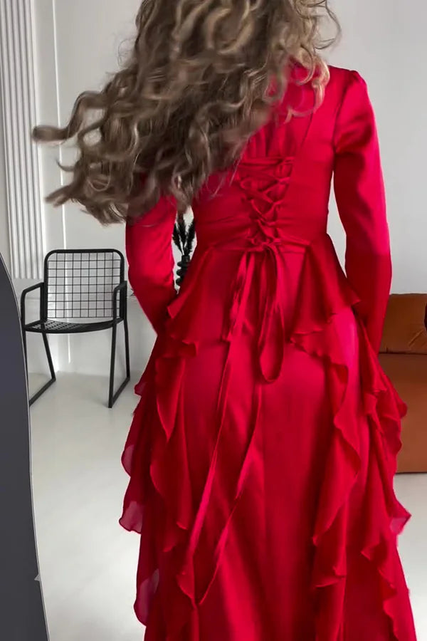 Xuewuba Dress Black Solid Color High Neck Long Sleeve Elegant Ruffles Floor Length Prom Dress