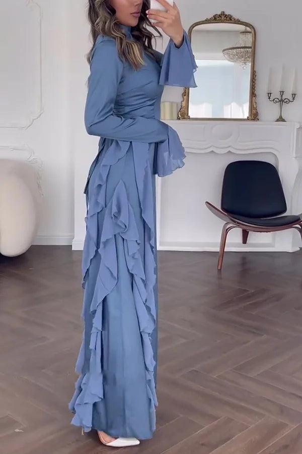 Xuewuba Dress Black Solid Color High Neck Long Sleeve Elegant Ruffles Floor Length Prom Dress