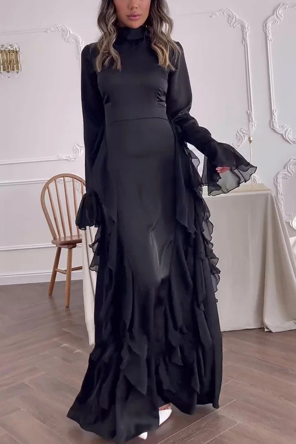 Xuewuba Dress Black Solid Color High Neck Long Sleeve Elegant Ruffles Floor Length Prom Dress