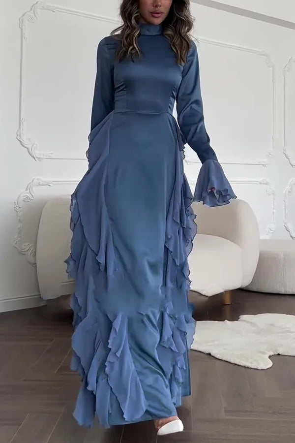 Xuewuba Dress Black Solid Color High Neck Long Sleeve Elegant Ruffles Floor Length Prom Dress