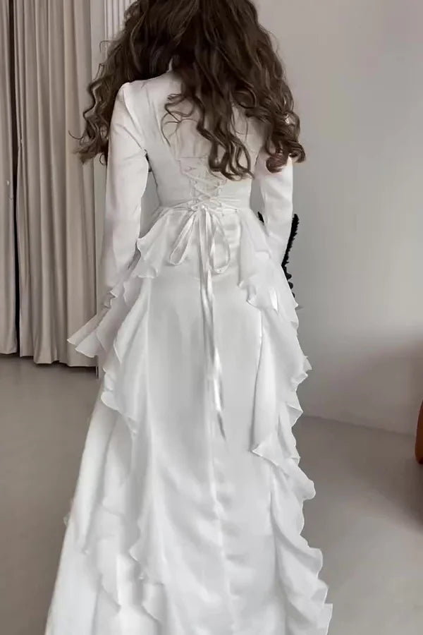 Xuewuba Dress Black Solid Color High Neck Long Sleeve Elegant Ruffles Floor Length Prom Dress