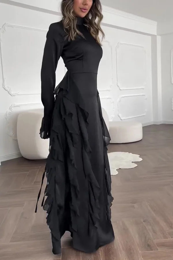 Xuewuba Dress Black Solid Color High Neck Long Sleeve Elegant Ruffles Floor Length Prom Dress