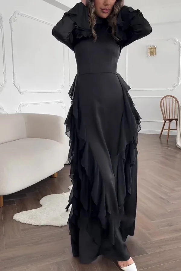 Xuewuba Dress Black Solid Color High Neck Long Sleeve Elegant Ruffles Floor Length Prom Dress