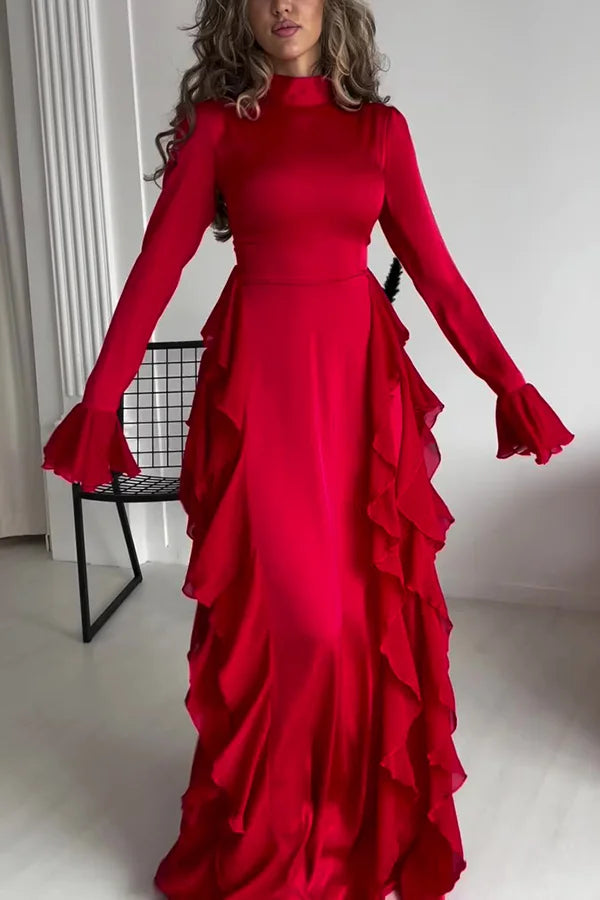 Xuewuba Dress Black Solid Color High Neck Long Sleeve Elegant Ruffles Floor Length Prom Dress