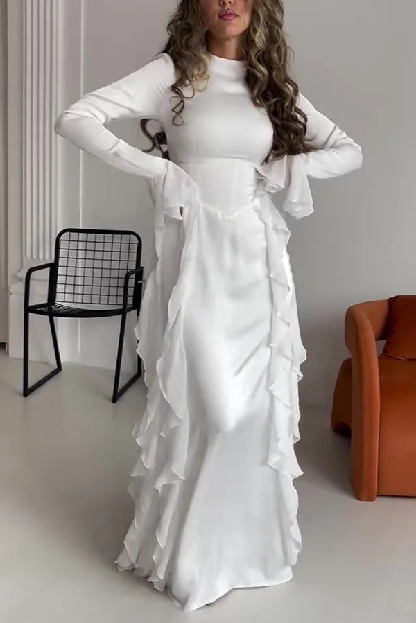 Xuewuba Dress Black Solid Color High Neck Long Sleeve Elegant Ruffles Floor Length Prom Dress