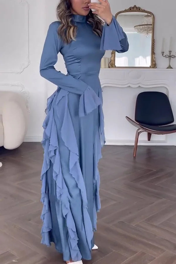 Xuewuba Dress Black Solid Color High Neck Long Sleeve Elegant Ruffles Floor Length Prom Dress