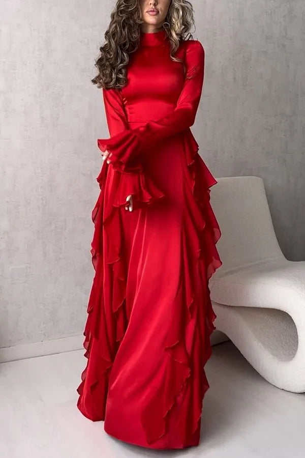 Xuewuba Dress Black Solid Color High Neck Long Sleeve Elegant Ruffles Floor Length Prom Dress