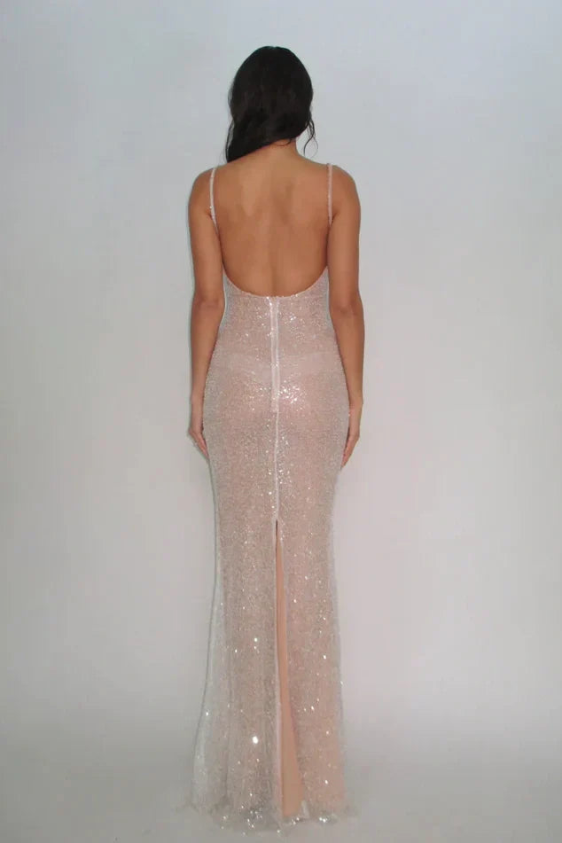 Xuewuba Dress Bling Sheath Spaghetti Straps Sequins Prom Dress Square Neck With Slit Evening Dress