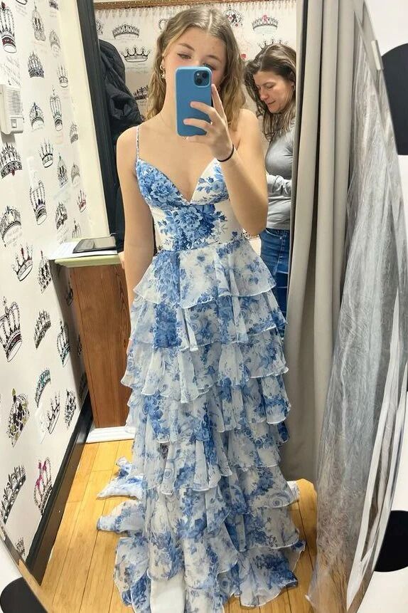 Xuewuba Dress Blue Floral Print V Neck A-Line Spaghetti Straps Ruffles Tiered Slits Long Graduation Dress Evening Gown Prom Dress Wedding Guest Party Dress