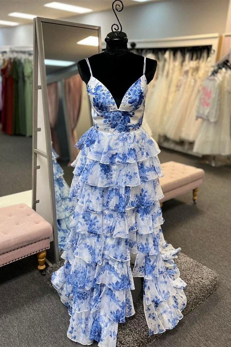 Xuewuba Dress Blue Floral Print V Neck A-Line Spaghetti Straps Ruffles Tiered Slits Long Graduation Dress Evening Gown Prom Dress Wedding Guest Party Dress