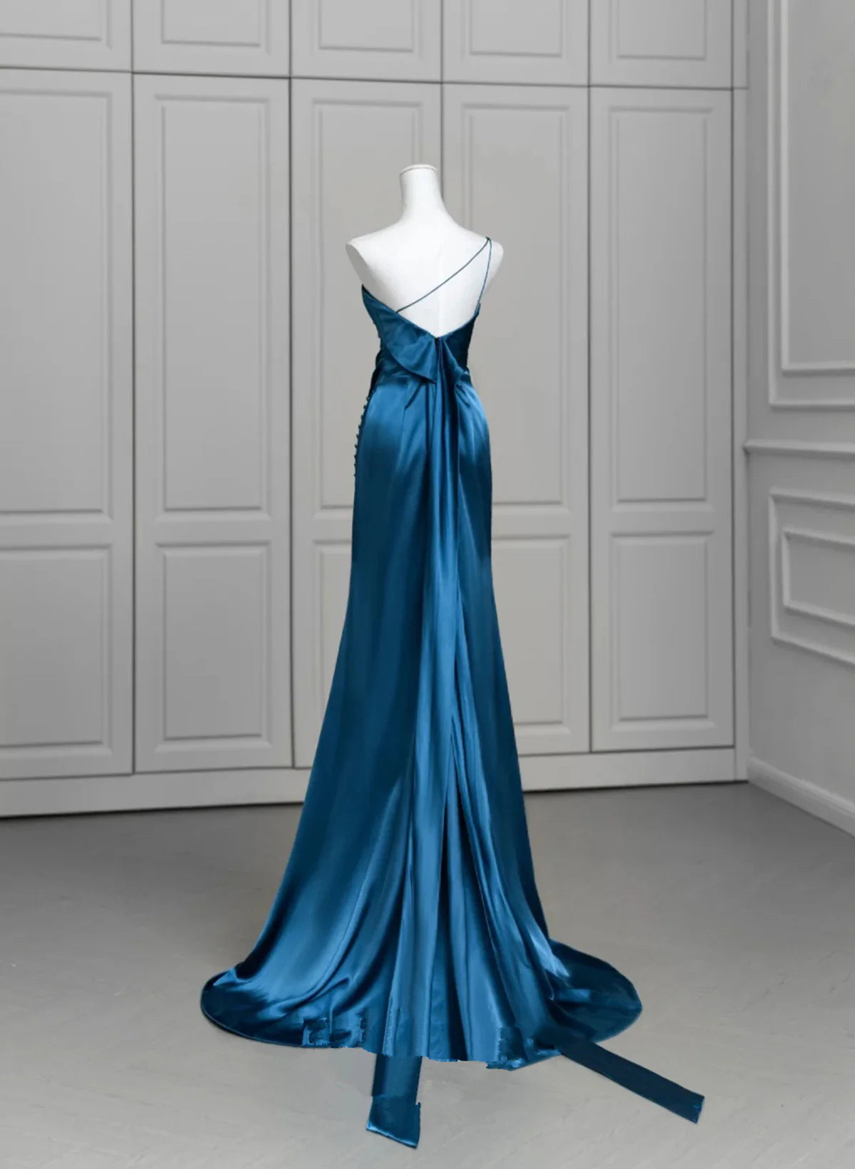 Xuewuba Dress Blue Satin One Shoulder Long Party Dress with Leg Slit Blue Satin Evening Dress Prom Dress Formal Wear Dresses