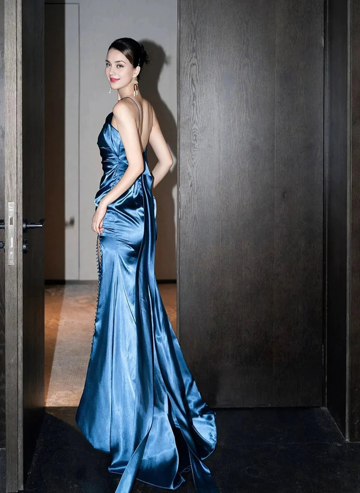 Xuewuba Dress Blue Satin One Shoulder Long Party Dress with Leg Slit Blue Satin Evening Dress Prom Dress Formal Wear Dresses
