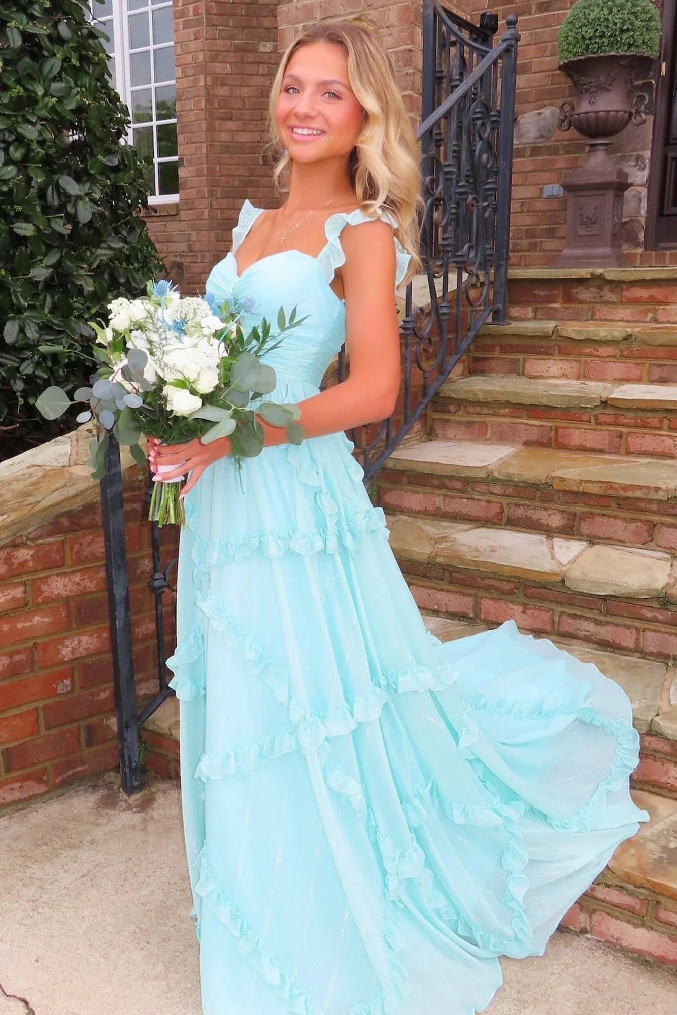 Xuewuba Dress Charming A Line Sweetheart Blue Long Prom Dress with Ruffles Evening Dress