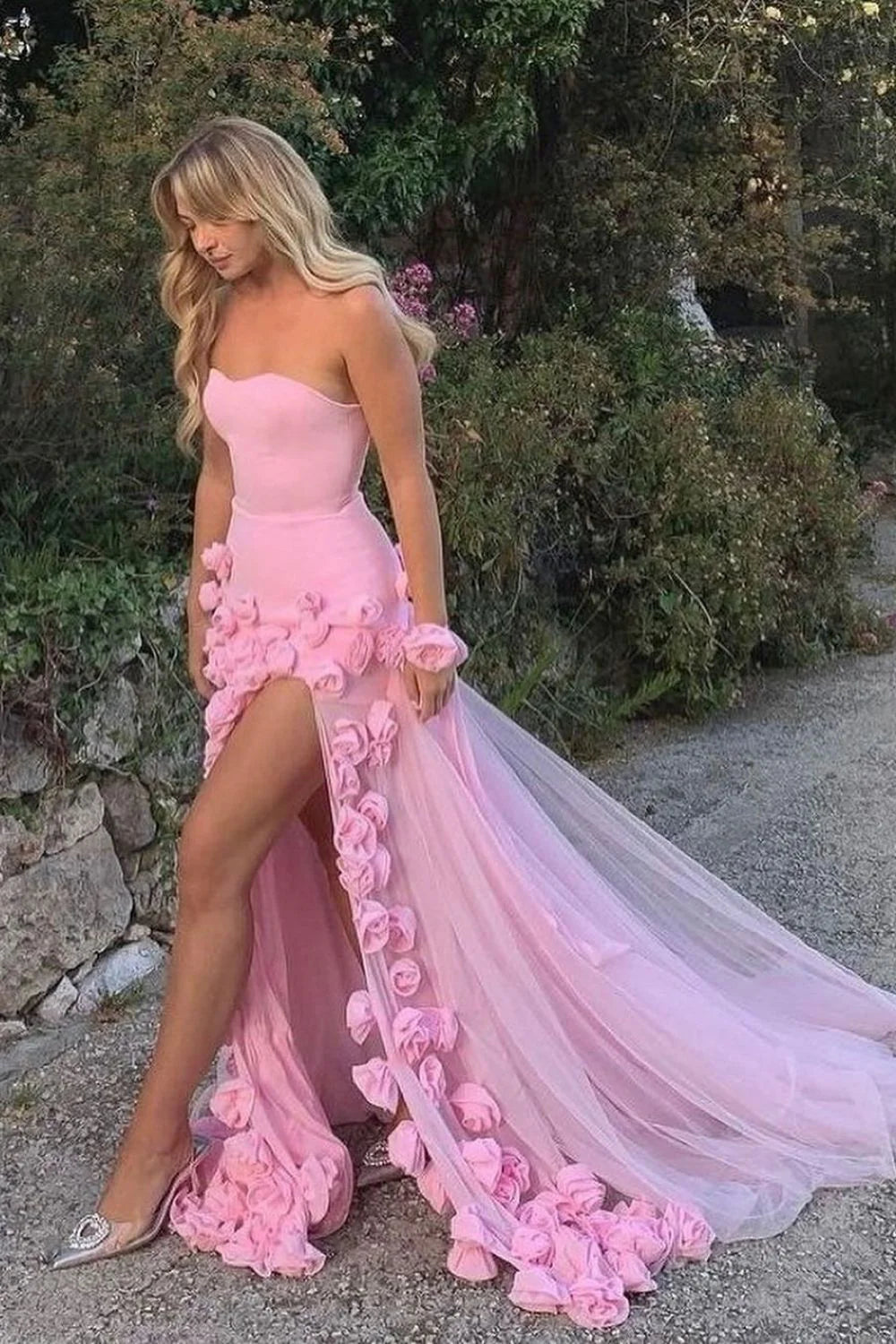 Xuewuba Dress Charming Pink Mermaid Strapless Long Tulle Prom Dress with 3D Flowers Evening Dress