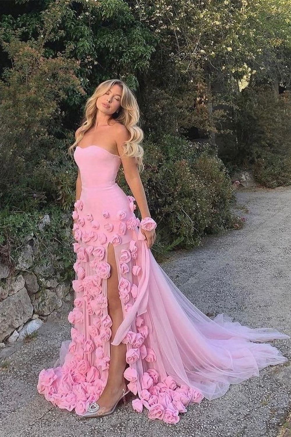Xuewuba Dress Charming Pink Mermaid Strapless Long Tulle Prom Dress with 3D Flowers Evening Dress