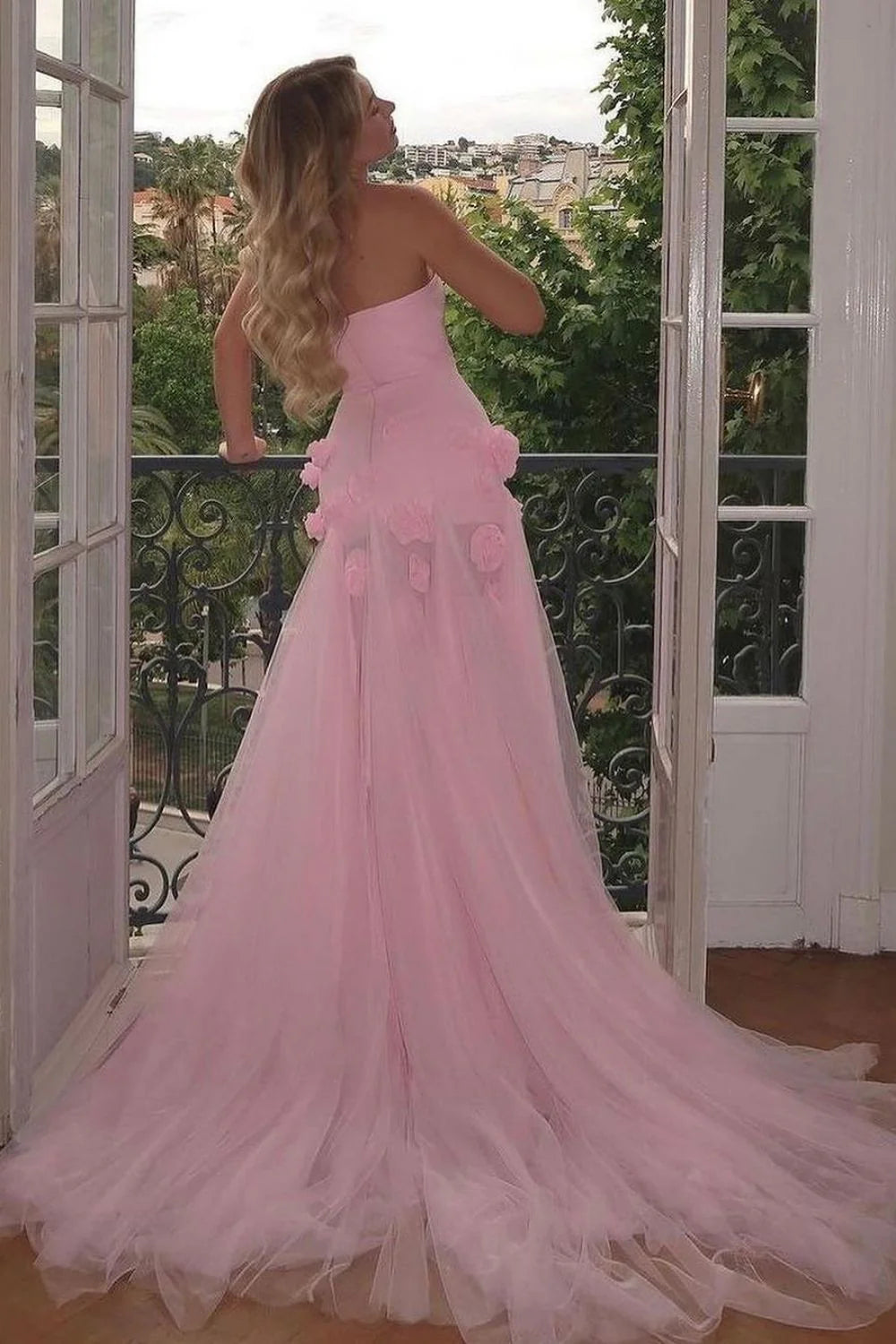 Xuewuba Dress Charming Pink Mermaid Strapless Long Tulle Prom Dress with 3D Flowers Evening Dress
