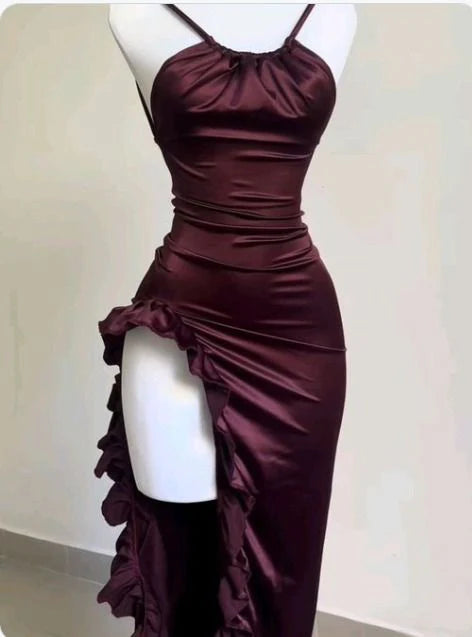 Xuewuba Dress Classy Sheath Halter Satin Burgundy Sleeveless High Low Prom Dresses