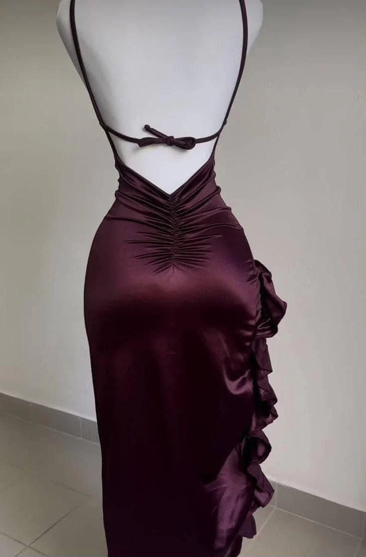 Xuewuba Dress Classy Sheath Halter Satin Burgundy Sleeveless High Low Prom Dresses