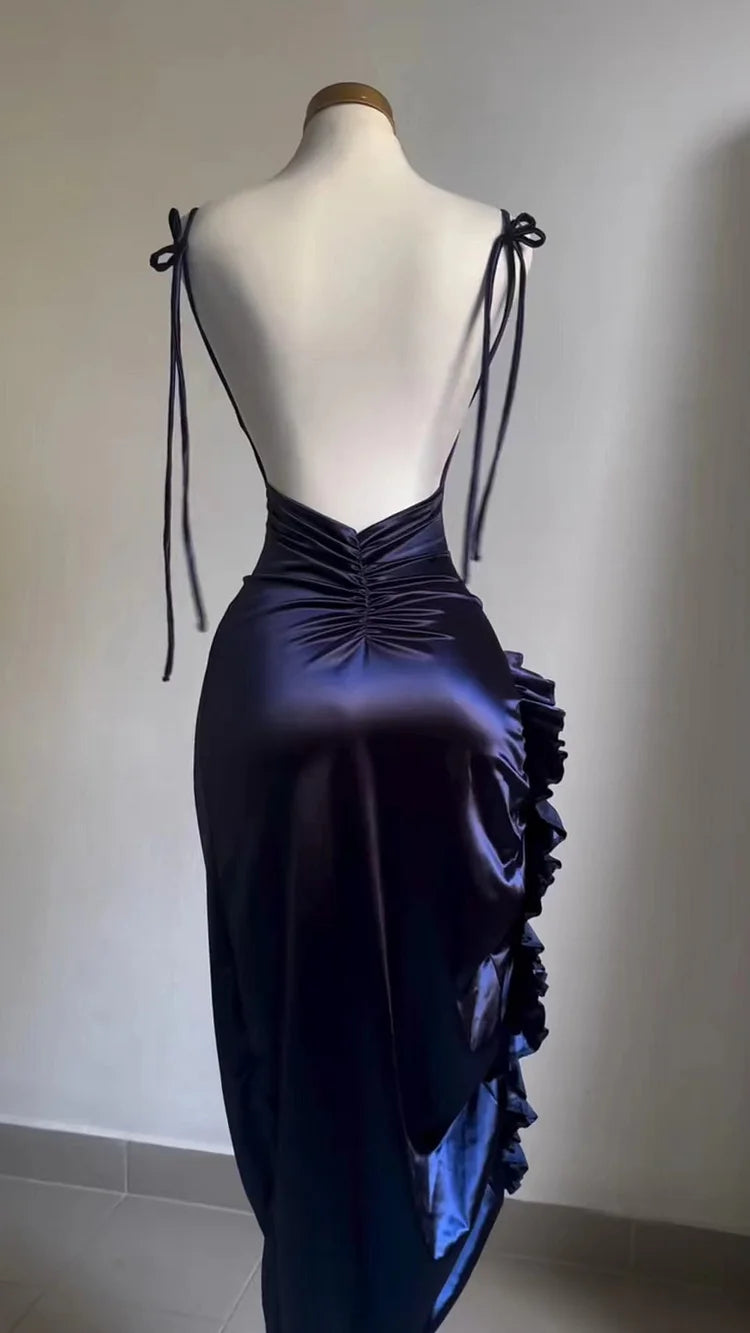 Xuewuba Dress Classy Sheath Halter Satin Navy Blue Sleeveless High Low Prom Dresses