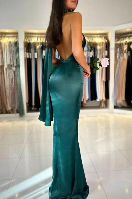Xuewuba DressClassy Sheath High Neckline Satin Long Party Dress Green Prom Dresses