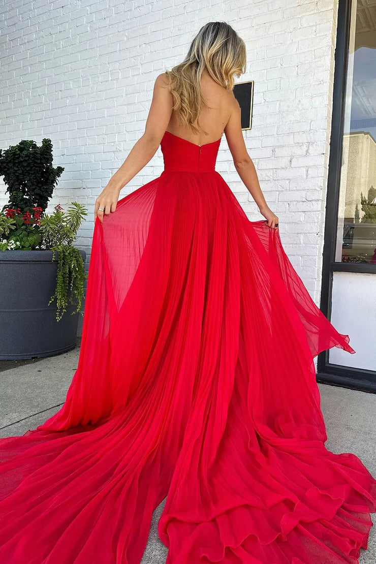 Xuewuba Dress Cute A Line Sweetheart Pleat Red Chiffon Long Prom Dress with Slit