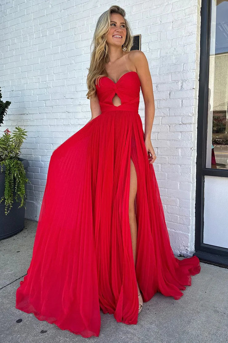 Xuewuba Dress Cute A Line Sweetheart Pleat Red Chiffon Long Prom Dress with Slit