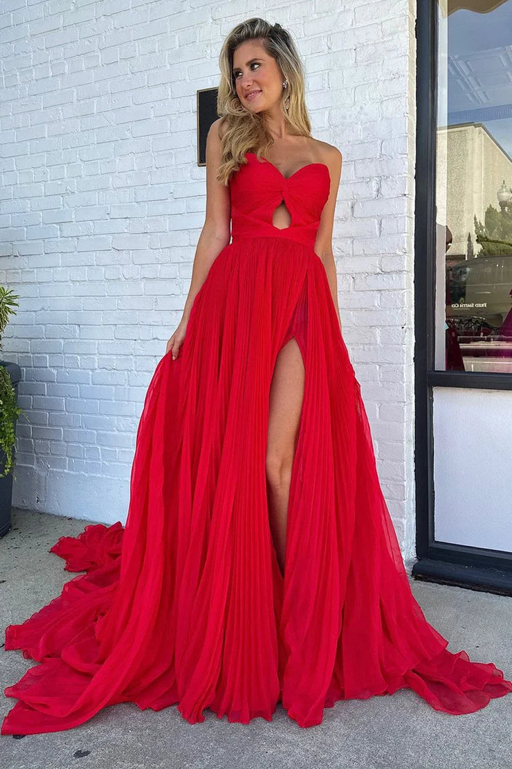 Xuewuba Dress Cute A Line Sweetheart Pleat Red Chiffon Long Prom Dress with Slit
