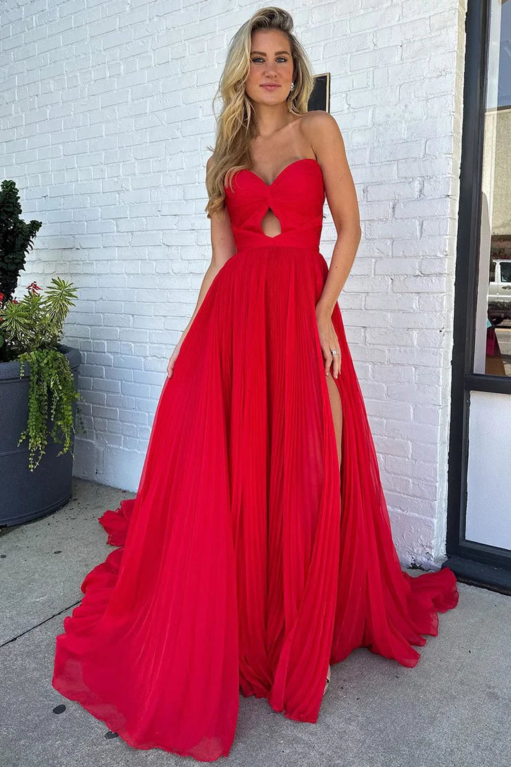 Xuewuba Dress Cute A Line Sweetheart Pleat Red Chiffon Long Prom Dress with Slit