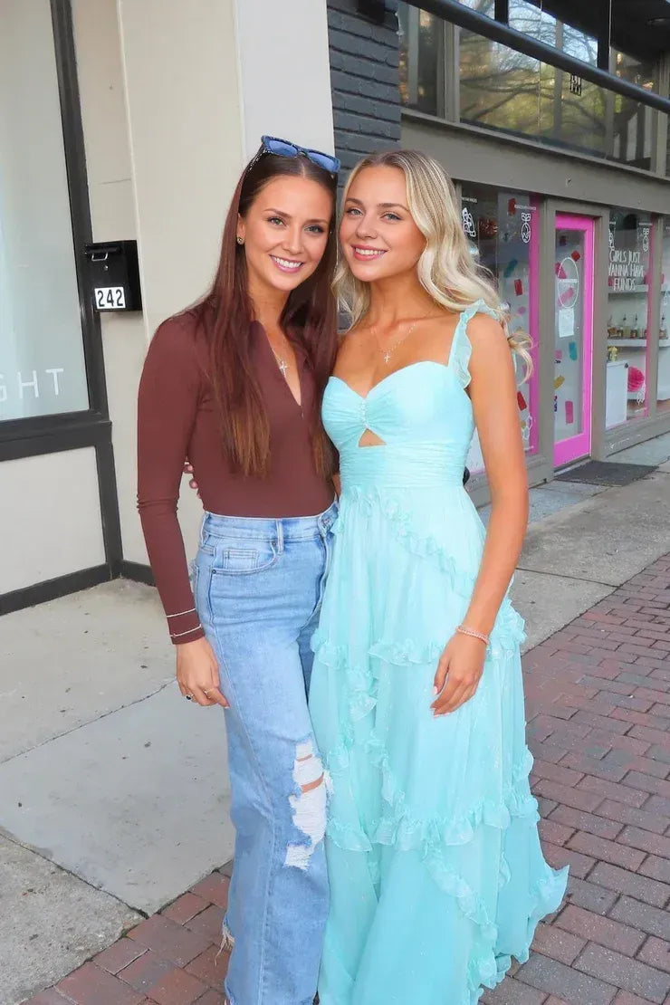 Xuewuba Dress Cute A Line Sweetheart Sky Blue Floor Length Ruffles Long Prom Dress