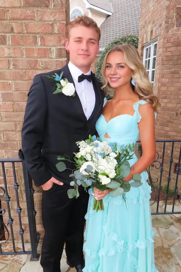 Xuewuba Dress Cute A Line Sweetheart Sky Blue Floor Length Ruffles Long Prom Dress