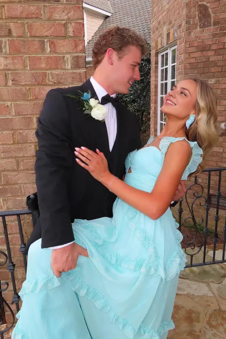 Xuewuba Dress Cute A Line Sweetheart Sky Blue Floor Length Ruffles Long Prom Dress