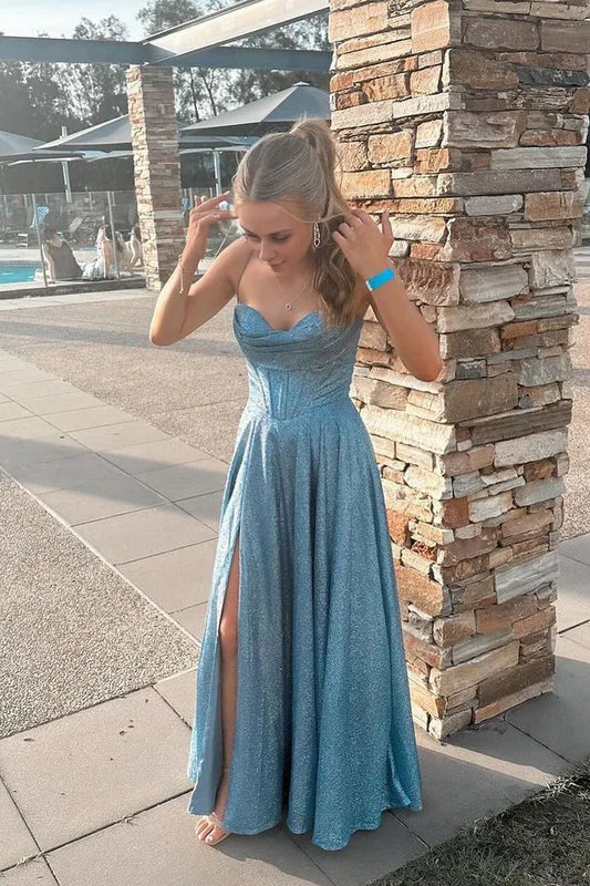 Xuewuba Dress Cute A Line Sweetheart Sparkly Satin Long Prom Dresses with Slit