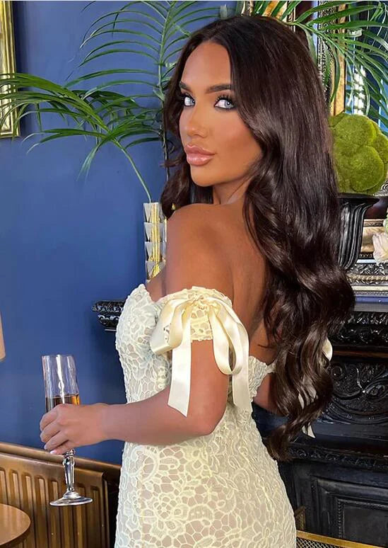 Xuewuba Dress Cute Sweatheart Neckline Yellow Midi Dress With Tie Sleeves Prom Dress