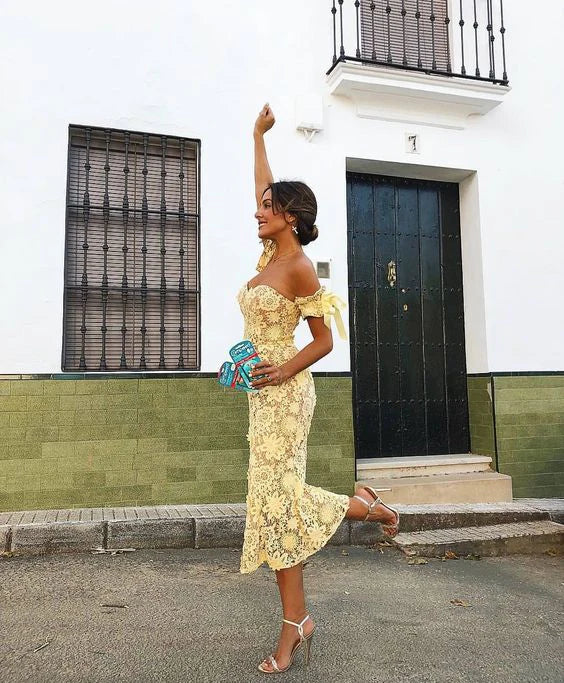 Xuewuba Dress Cute Sweatheart Neckline Yellow Midi Dress With Tie Sleeves Prom Dress