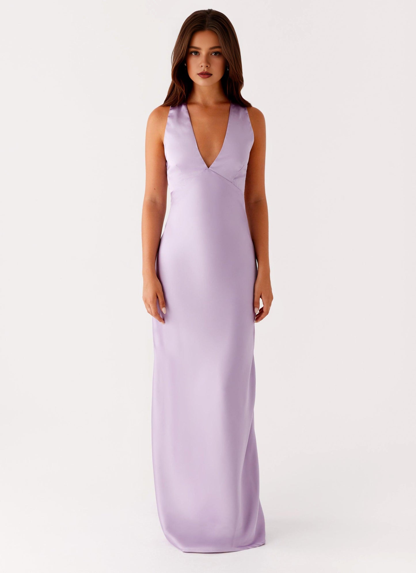 Xuewuba Dress Deep V Neck Maxi Dress Sleeveless Lilac Simple Sheath Crisscross Back Satin Prom Dress